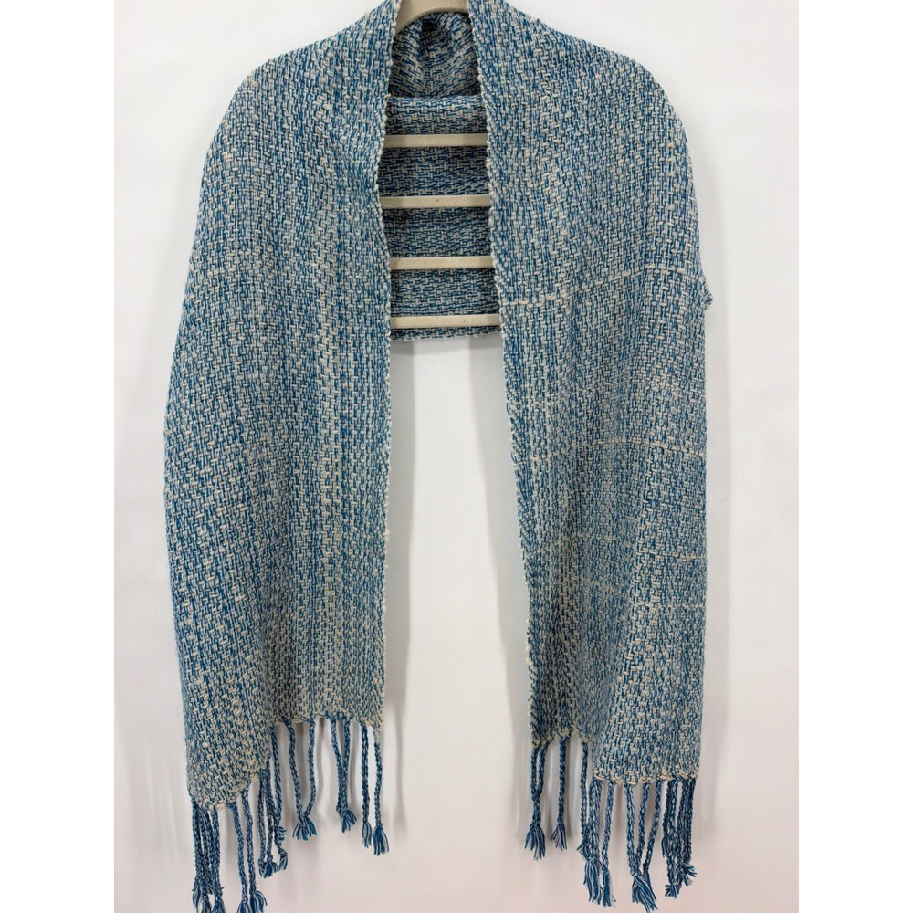 Handwoven Blue Cream Basketweave Scarf with Twisted Fringe Tassels Wrap